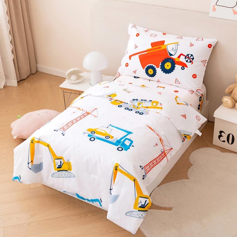 PERFEMET 4 Pieces Construction Toddler Bedding Set Excavator Truck Boy Toddler Bed in A Bag Colorful Reversible Cartoon Tractors White Crib Comforter Set for All Seasons(White, Truck/Tractor) - Image 2